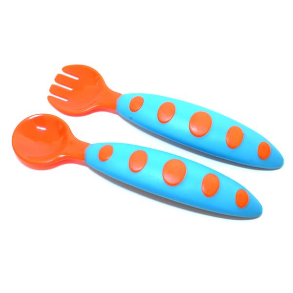 Cute Baby Feeding Utensils Spoon and Folk Tableware Set- Orange Blue