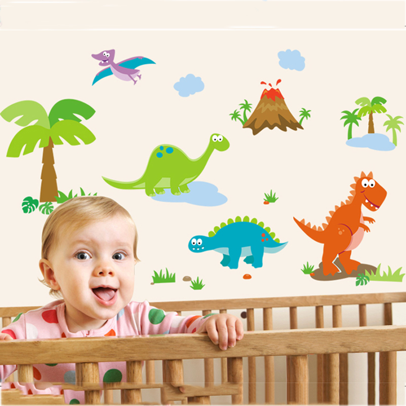 Cute Nursery Bedroom Dinosaur Wall Stickers Cartoon Animals Tree Wall