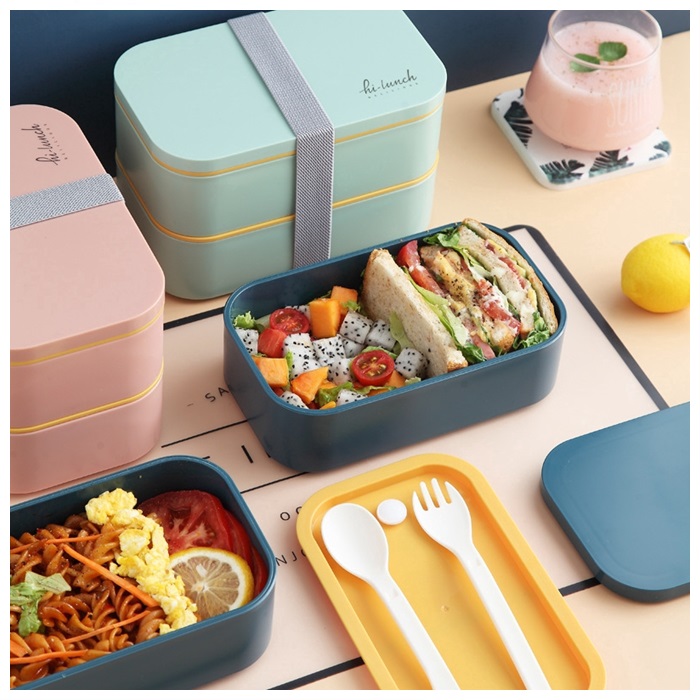 Double-layer Lunch Box With Fork &amp;Spoon, Microwave Oven Heating