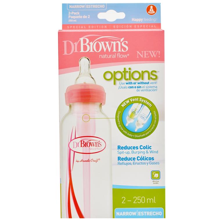Dr. Brown 8oz/250ml Options Narrow-Neck Baby Bottle Pink 2-Pack
