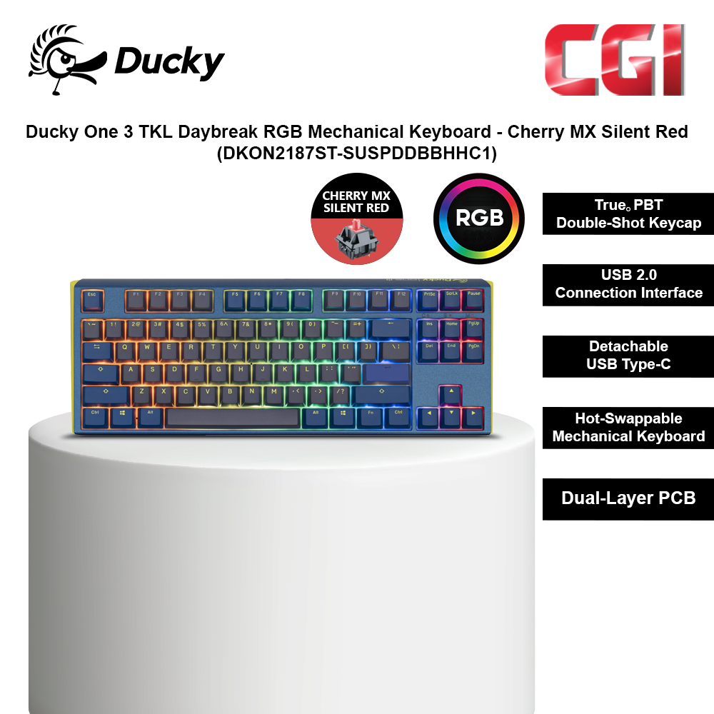 Ducky One 3 TKL Daybreak RGB Mechanical Keyboard- Cherry MX Silent Red
