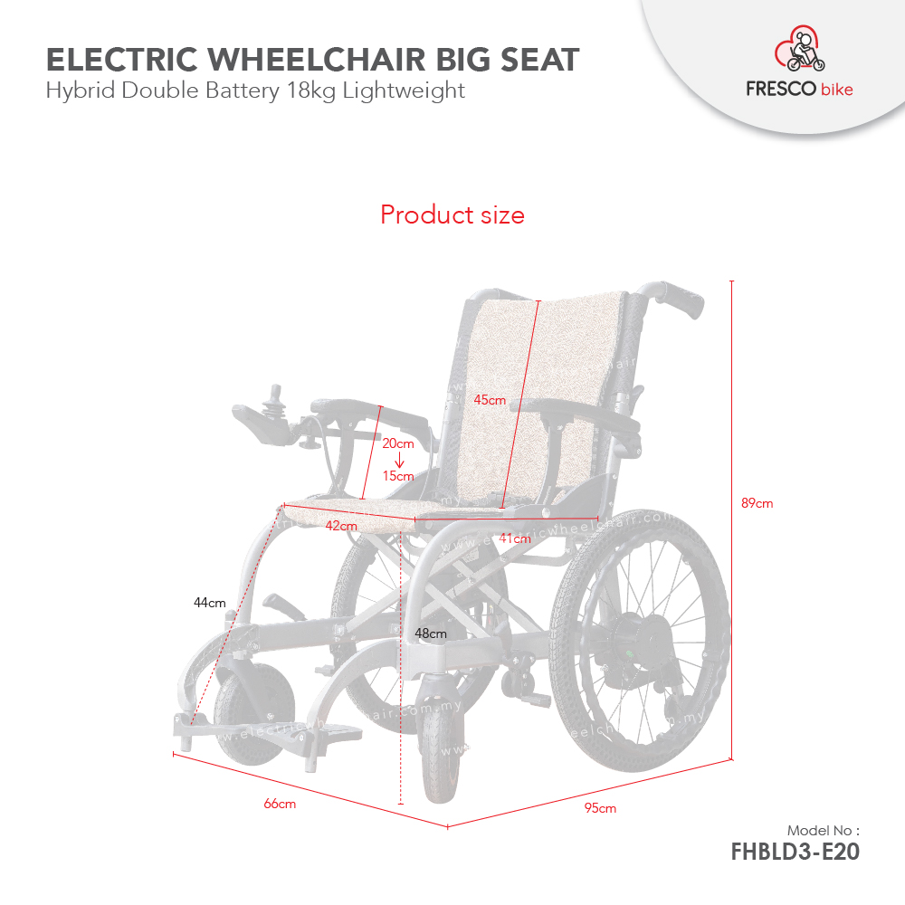 Electric Wheelchair Big Seat Hybrid Double Battery 18kg Lightweight