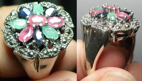 Elegance Ruby, Sapphire,Emerald flower design silver ring-11.98g-ER40