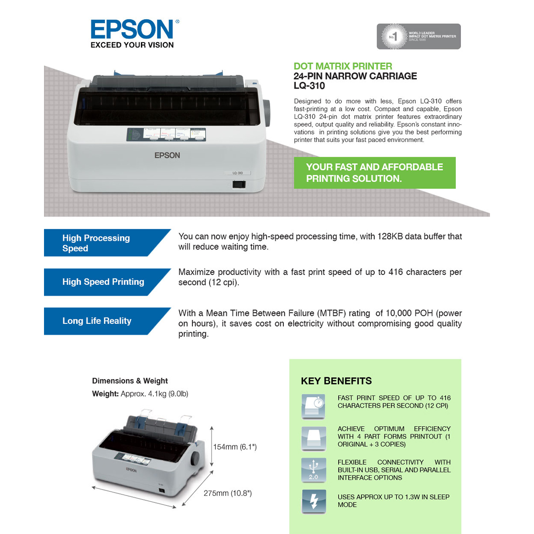 Epson LQ-310 24-Pin Narrow Carriage Impact Dot Matrix Printer