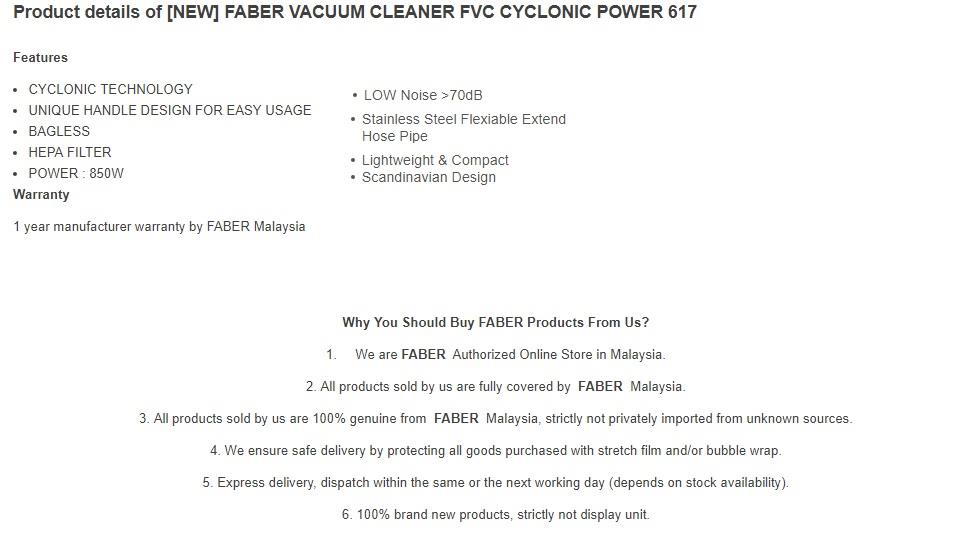 FABER FVC 617 VACUUM BAGLEES 850W end 6 13 2020 10 06 AM 
