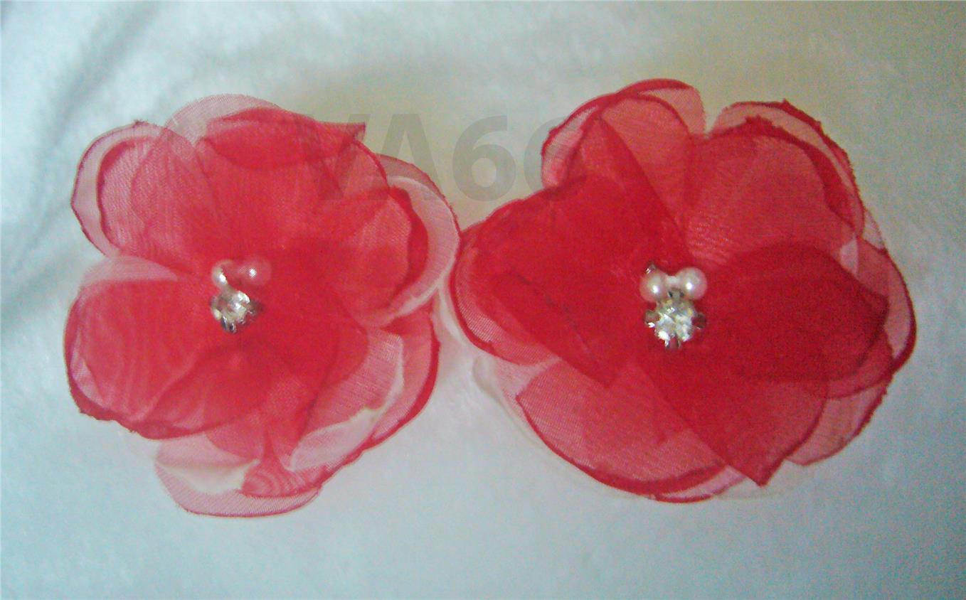 Fabric Flower Earrings Handmade Organza Red White Rhinestone Pearl