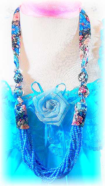 Fashion Handmade Korean Long Necklace With Blue Satin Flower Design
