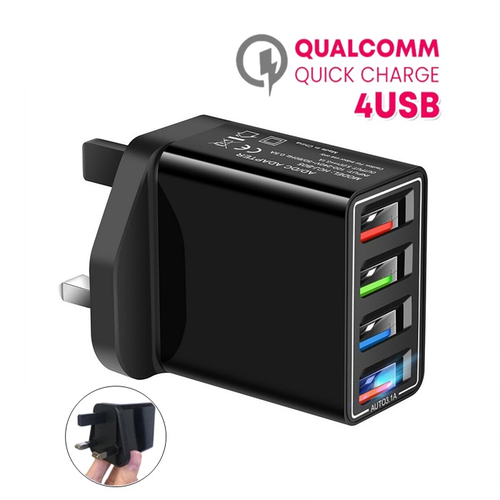 Fast Charger QC 3.0 / 4 Port USB 30W Quick Charge UK Plug 3 Pin