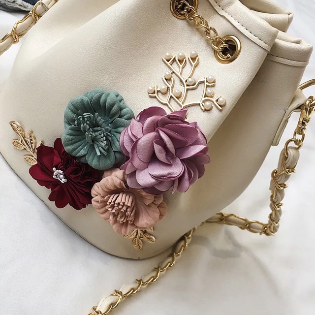 Flower Bucket Single Shoulder Lady Handbag Drawstring Bucket Bag
