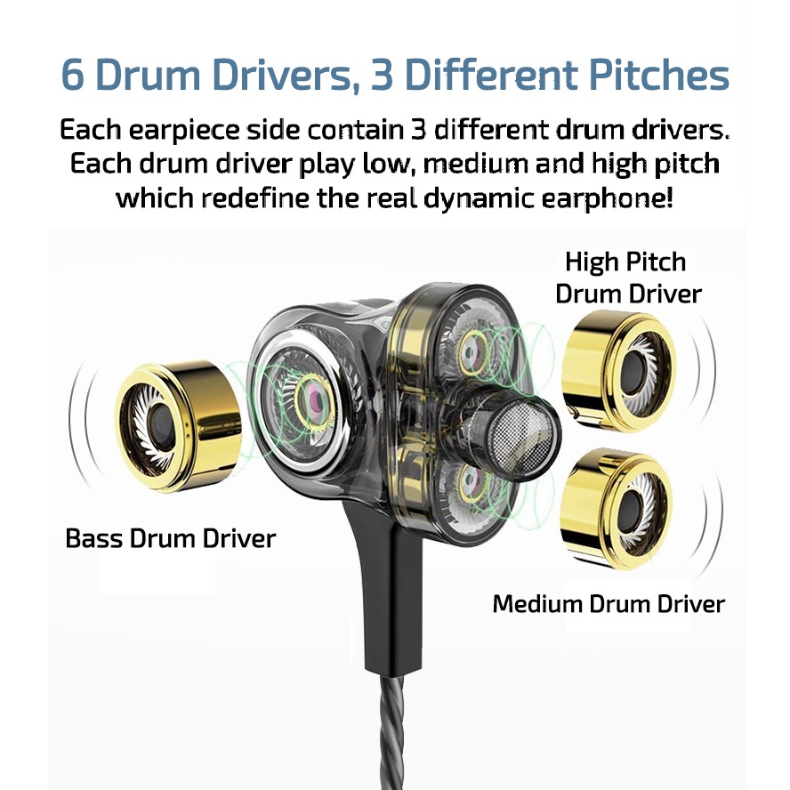 FMJ i8 Super Bass 6 Drum Driver InEar HiFi Earphones Noise Reducing Gaming PUB