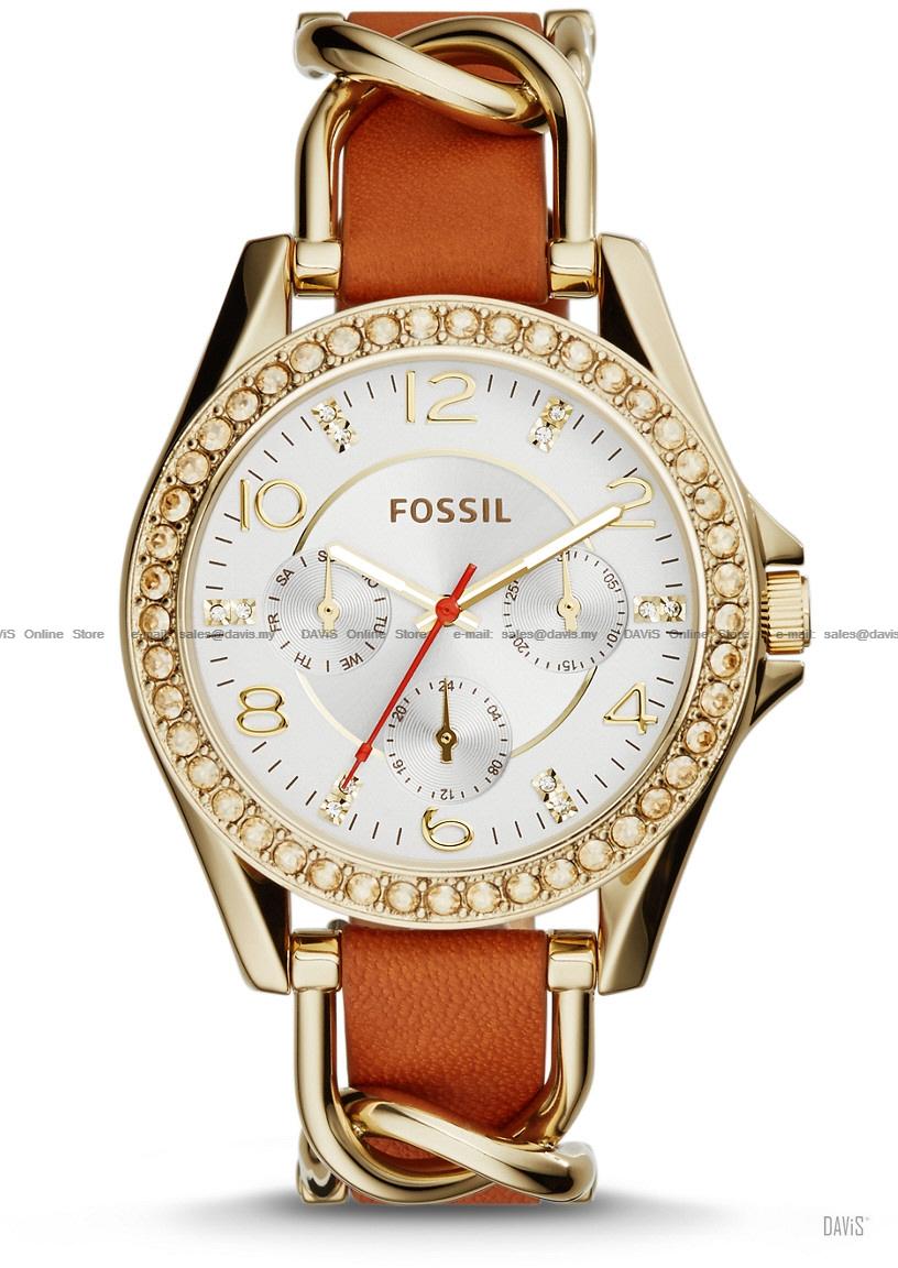 FOSSIL ES3723 Women's Riley Multifunction Glitz Leather Strap Gold Tan