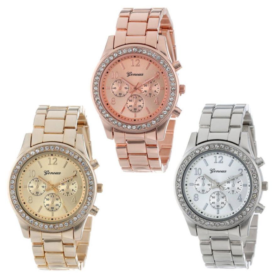 Geneva Steel Belt Elegant Quartz Diamond Chronograph CRT Women's Watch