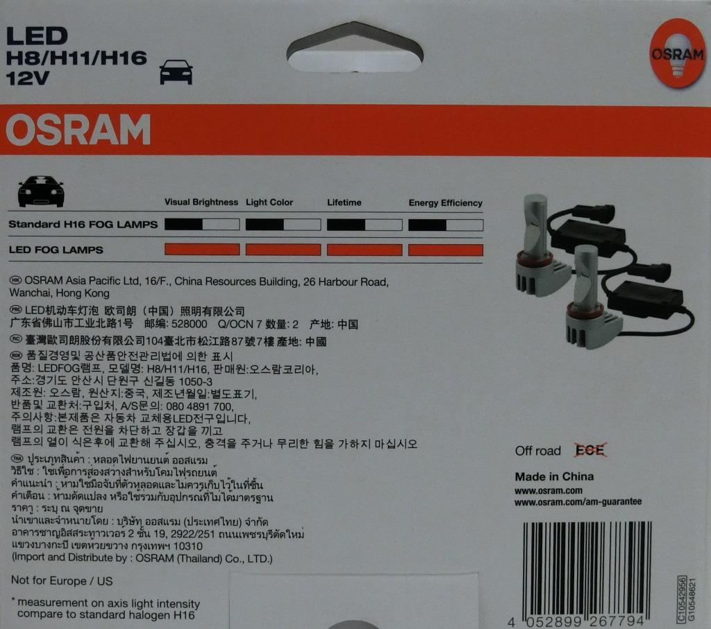 GENUINE 65219CW Osram LED Fog Lamp Hybrid Color 6000K H8/H11/H16 