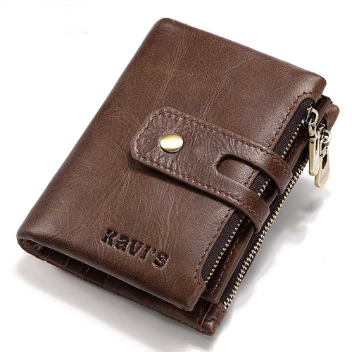 Genuine Cowhide Leather Men Wallet Coin Small Purse RFID Blocking Zipper