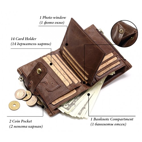 Genuine Cowhide Leather Men Wallet Coin Small Purse RFID Blocking Zipper