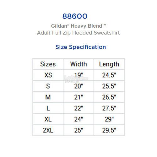 Gildan Heavy Blend Zip Hoodie Size Chart