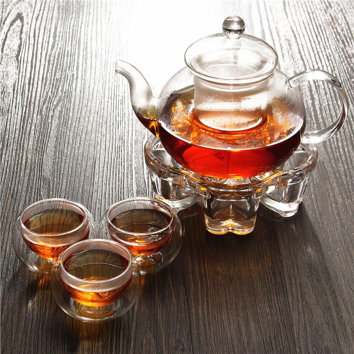Glass Tea Pot Set + Warmer + 6 Double wall cup Teapot