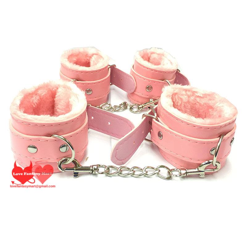 Hand Cuffs +  Ankle Cuffs BDSM Bondage Restraints (Pink)