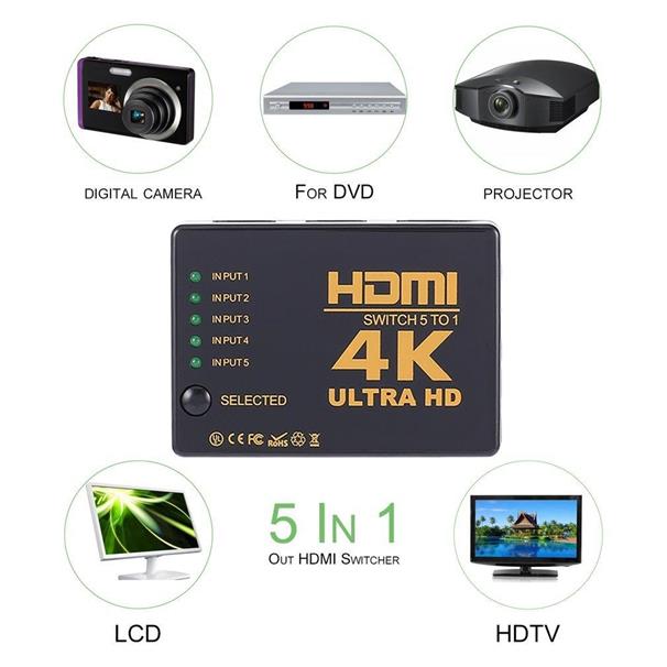 HDMI Switch 5 to 1, 4k Resolution Ultra HD with remote control, IR