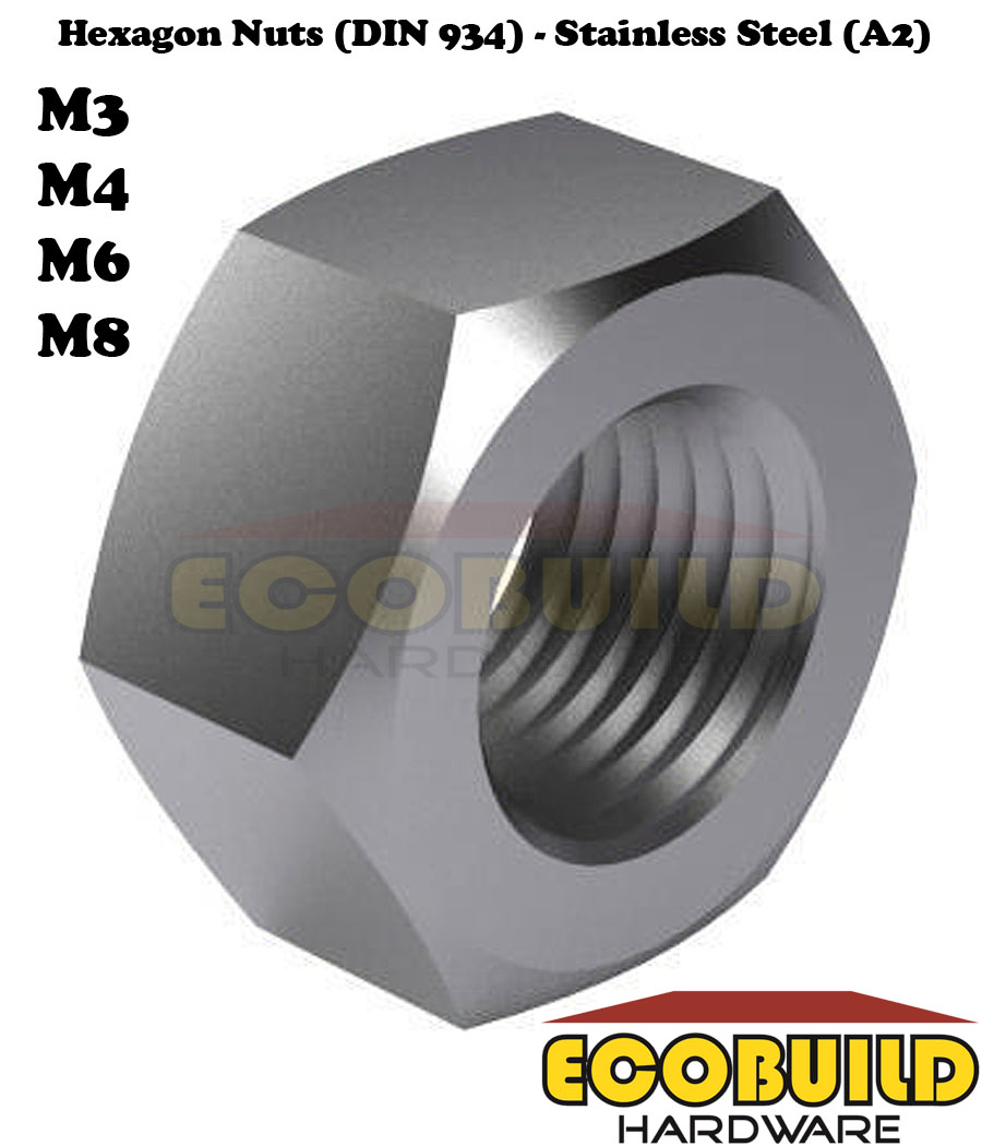 Hexagon Nuts (DIN 934) - Stainless Steel (A2) M3, M4, M6, M8