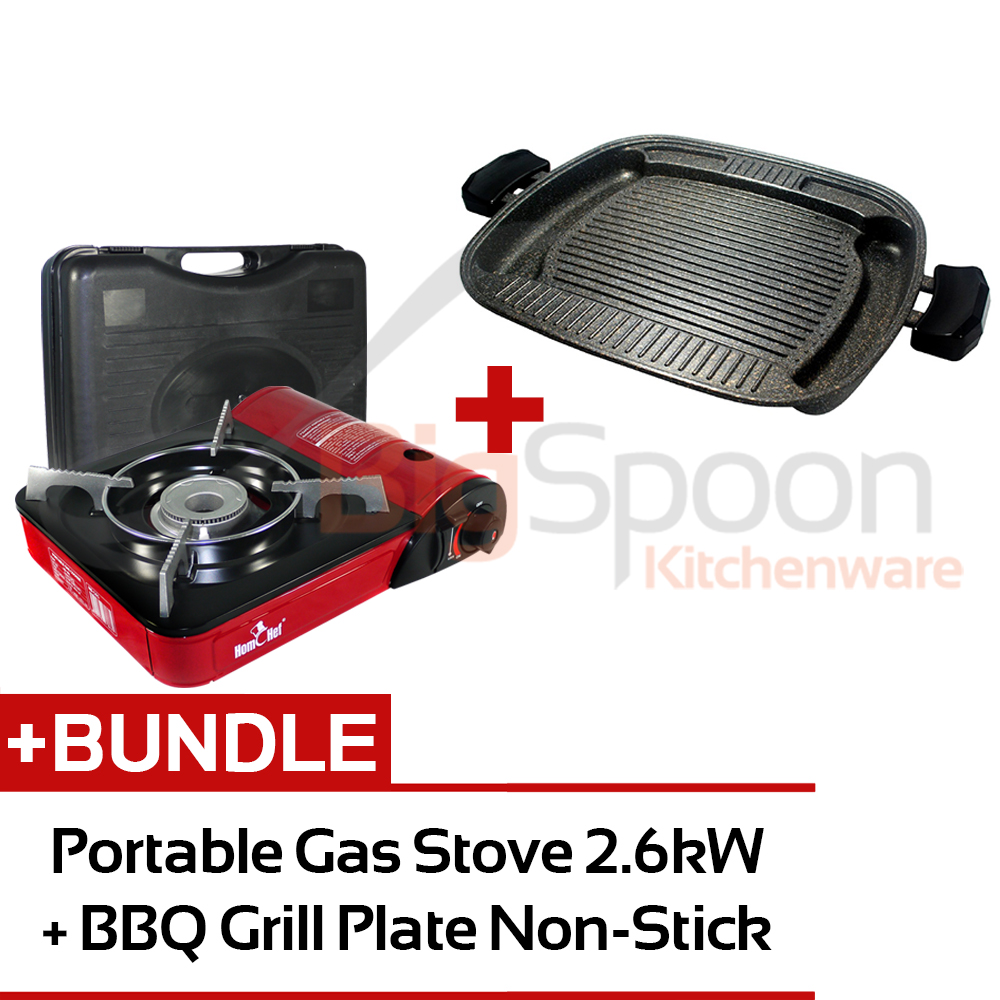 HOMCHEF Portable Gas Stove NS-161 + BBQ Grill Plate Non-Stick RAM-35DB