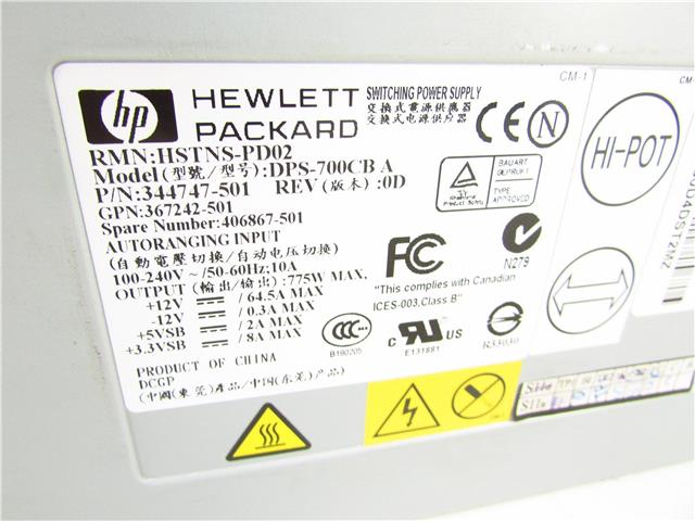 HP 344747-501 ML370 G4 Power Supply 775 Watt 406867-501
