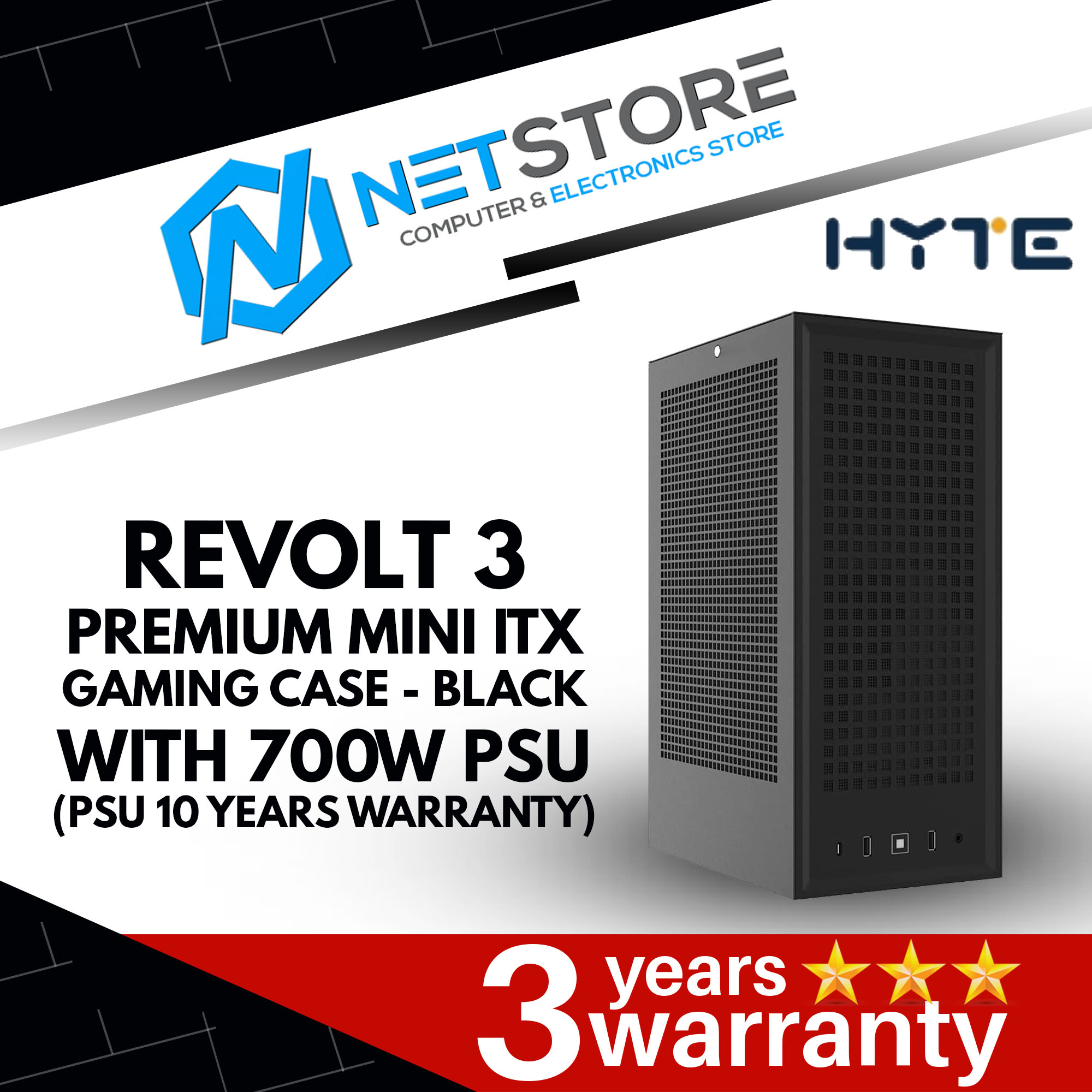 HYTE REVOLT 3 PREMIUM MINI ITX GAMING CASE - BLACK (WITH 700W PSU)