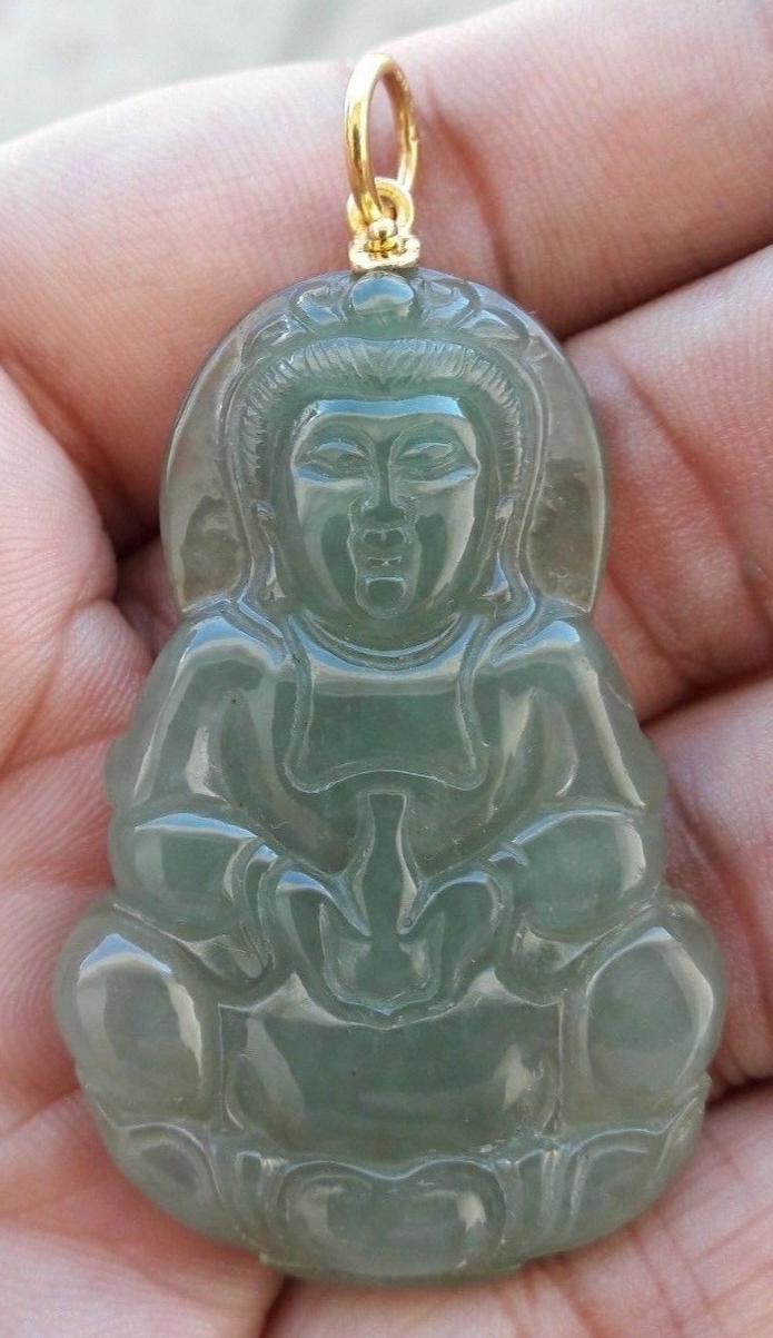 Imperial quality icy green jade Guan Yin pendant with 916 gold hook