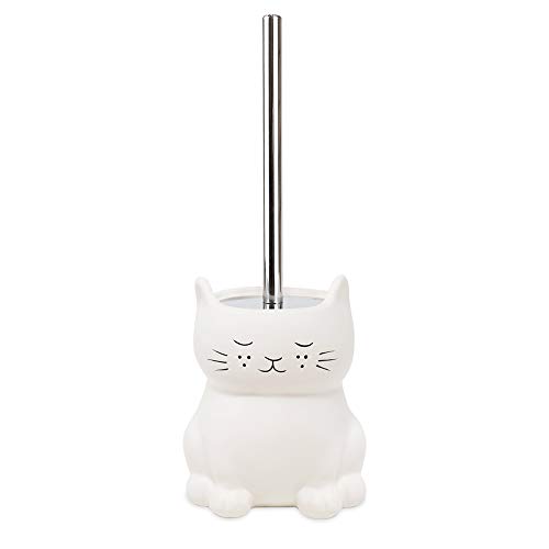 Cat White Ceramic Cat Toilet Bowl Brush Holder with Chrome Metal Handle