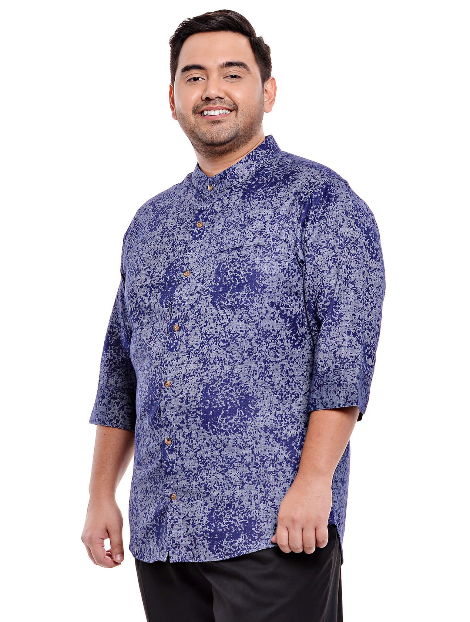 Jazz & Co Men Plus Size 3/4 sleeve printed chambray shirt in navy