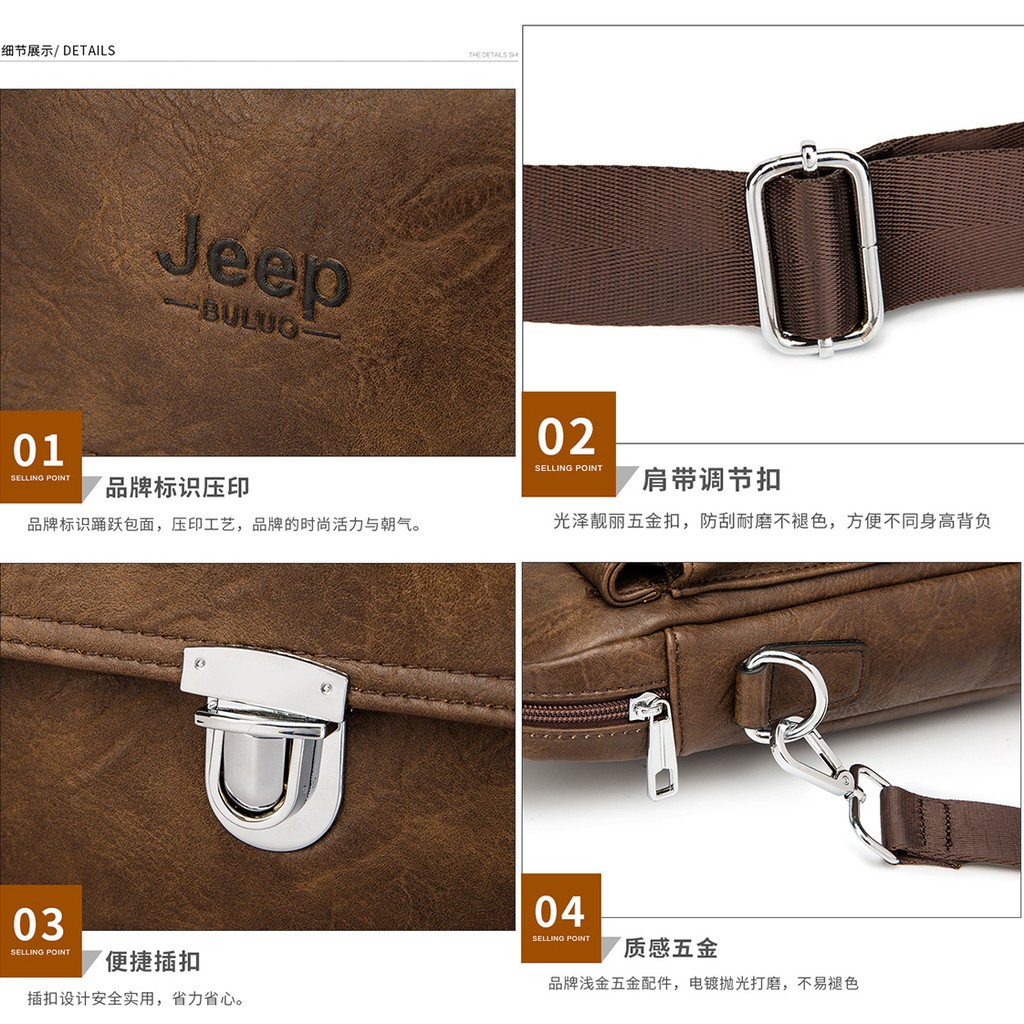 Jeep Buluo Men Business Vintage Briefcase Leather Sling Shoulder Messenger Bag
