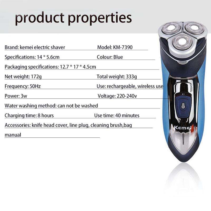 Kemei KM7390 Rechargeable Electric Washable Shaver Razor For Men