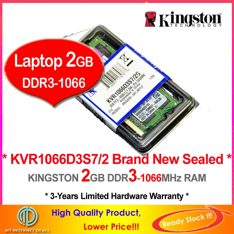 KINGSTON 2GB DDR3-1066 LAPTOP / NOTEBOOK RAM Memory (KVR1066D3S7/2)