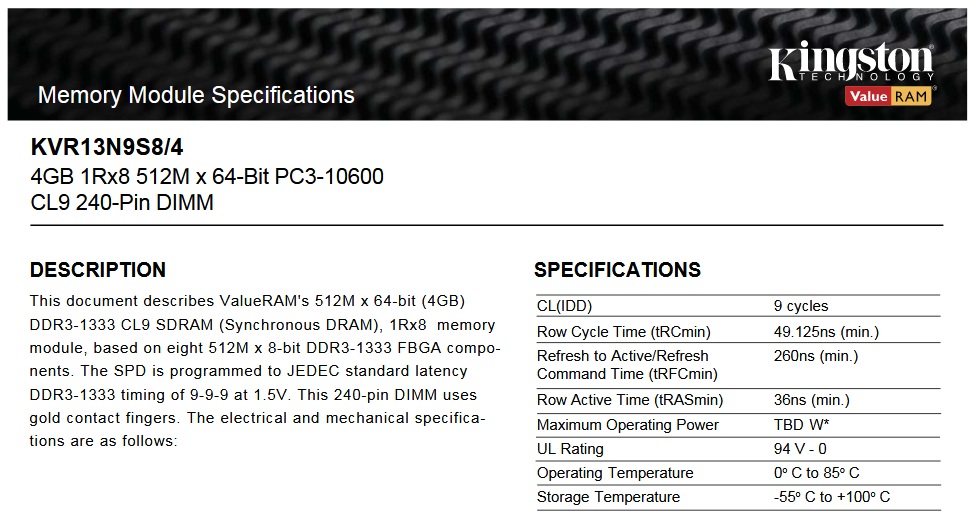 KINGSTON 4GB DDR3-1333 DESKTOP PC RAM Memory (KVR13N9S8/4)
