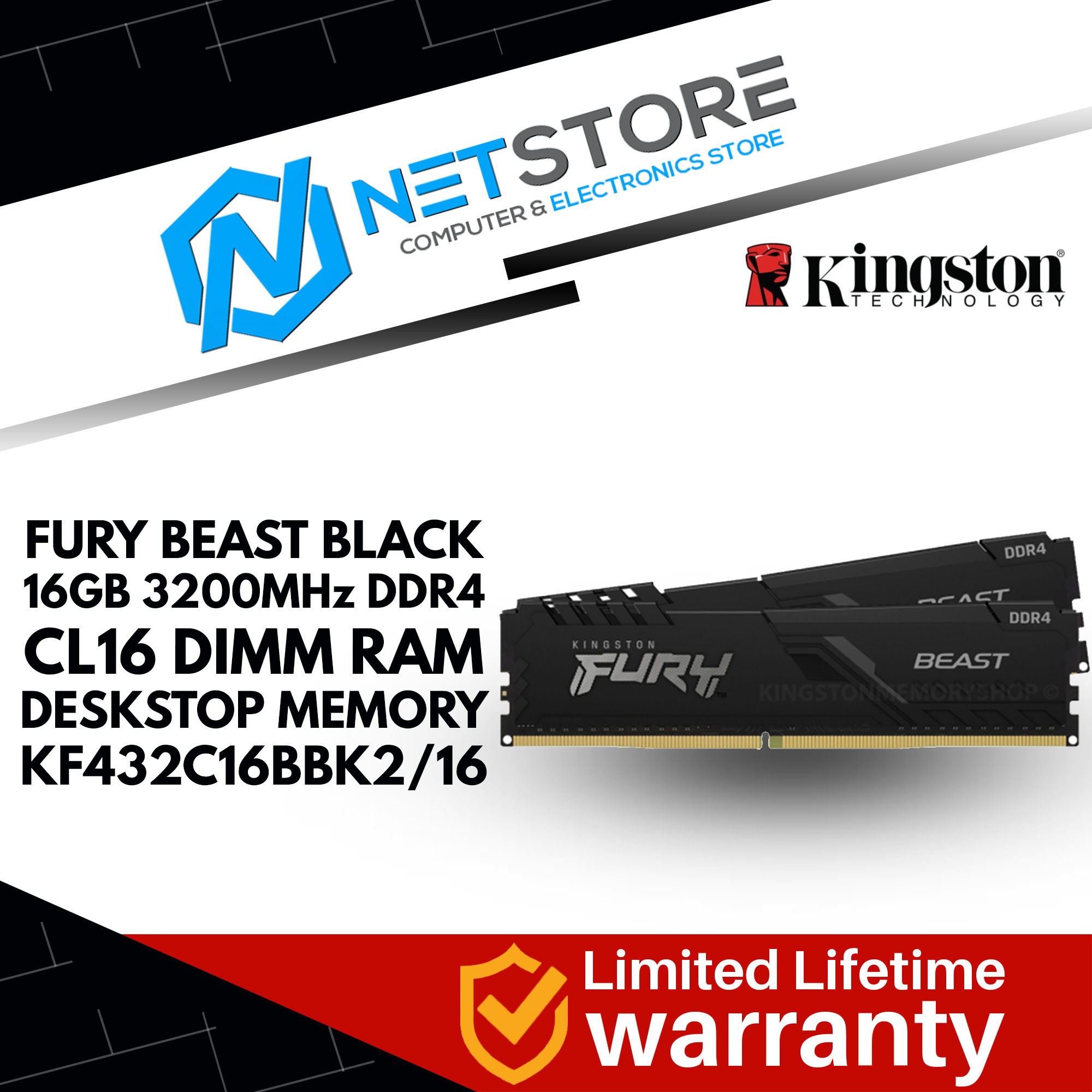 KINGSTON FURY BEAST BLACK 16GB 3200MHz DDR4 CL16 DIMM RAM