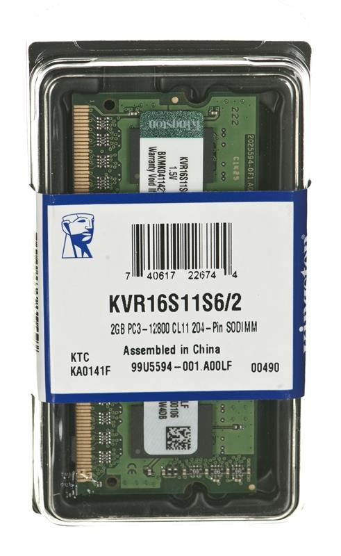 Kingston Notebook 2GB DDR3 RAM 1600MHz PC3-12800 ~ KVR16S11S6/2