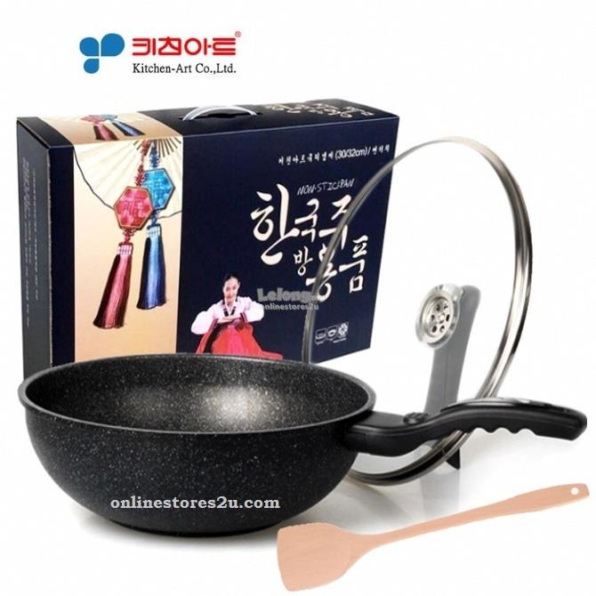 Kitchen-Art Korea 30cm Stone Non-Stick Frying Pan Pot Wok With Lid 