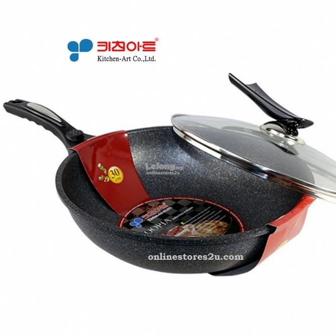 Kitchen-Art Korea 30cm Stone Non-Stick Frying Pan Pot Wok With Lid 