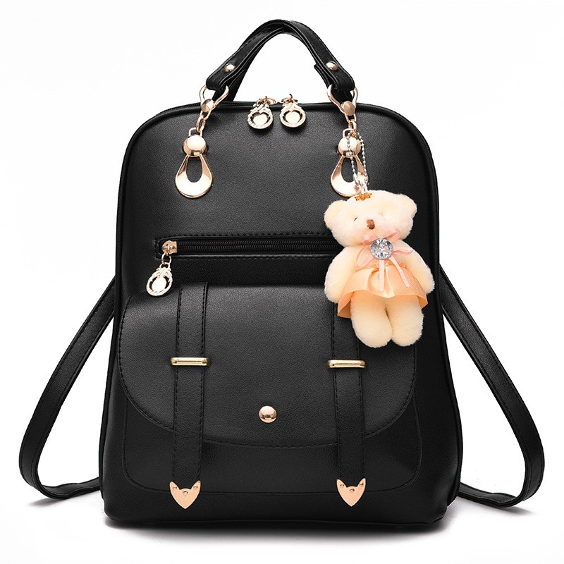 Korean PU Leather Backpack Bear Keychain Bag