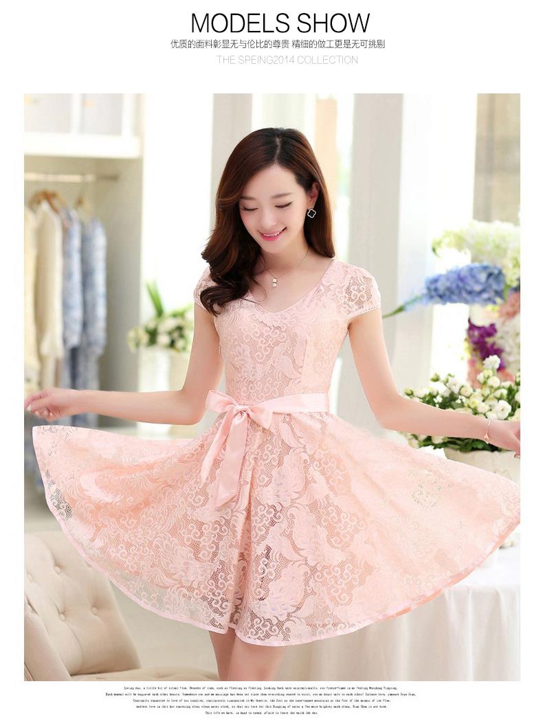 Korean short-sleeved chiffon lace dress Pink | 11street Malaysia - Midi