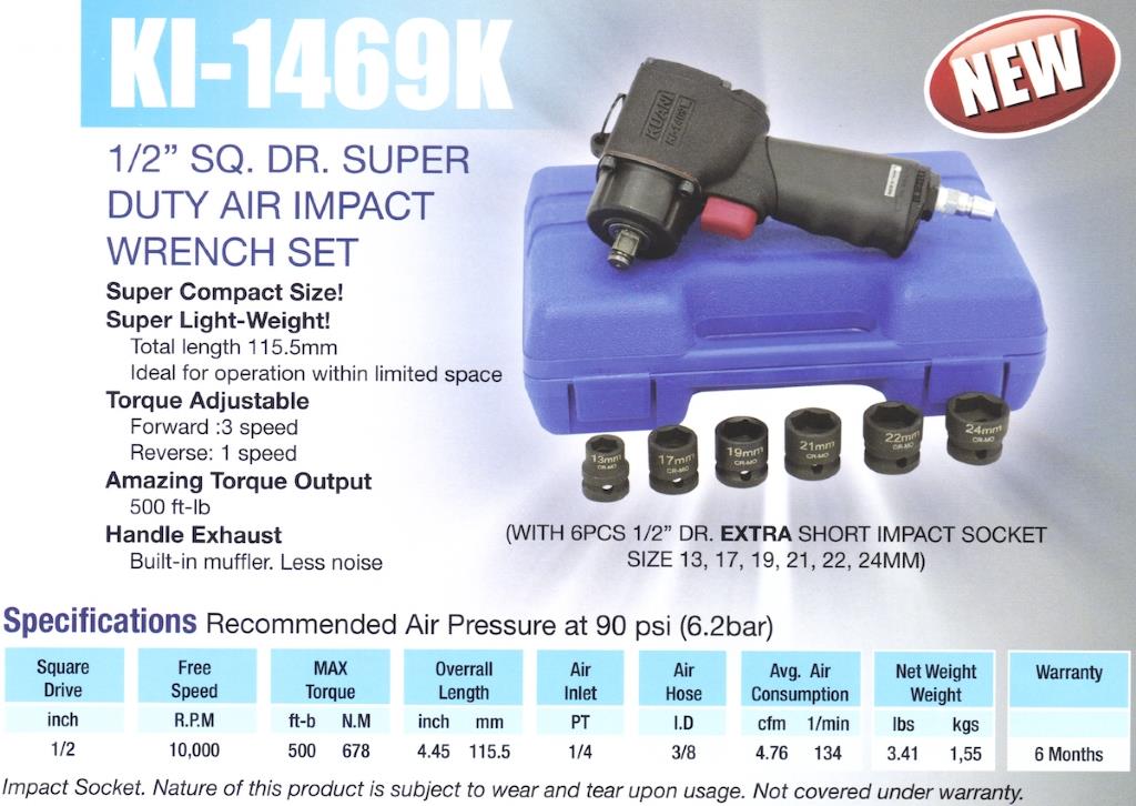 Kuani KI-1469K 1/2' Dr. Super Duty Mini Air Impact Wrench Kit Set