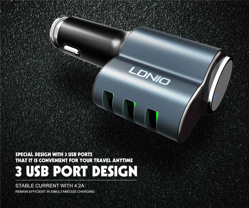 LDNIO CM21 Smart Bluetooth Headset 4.2A Auto-ID 3 USB Port Car Charger