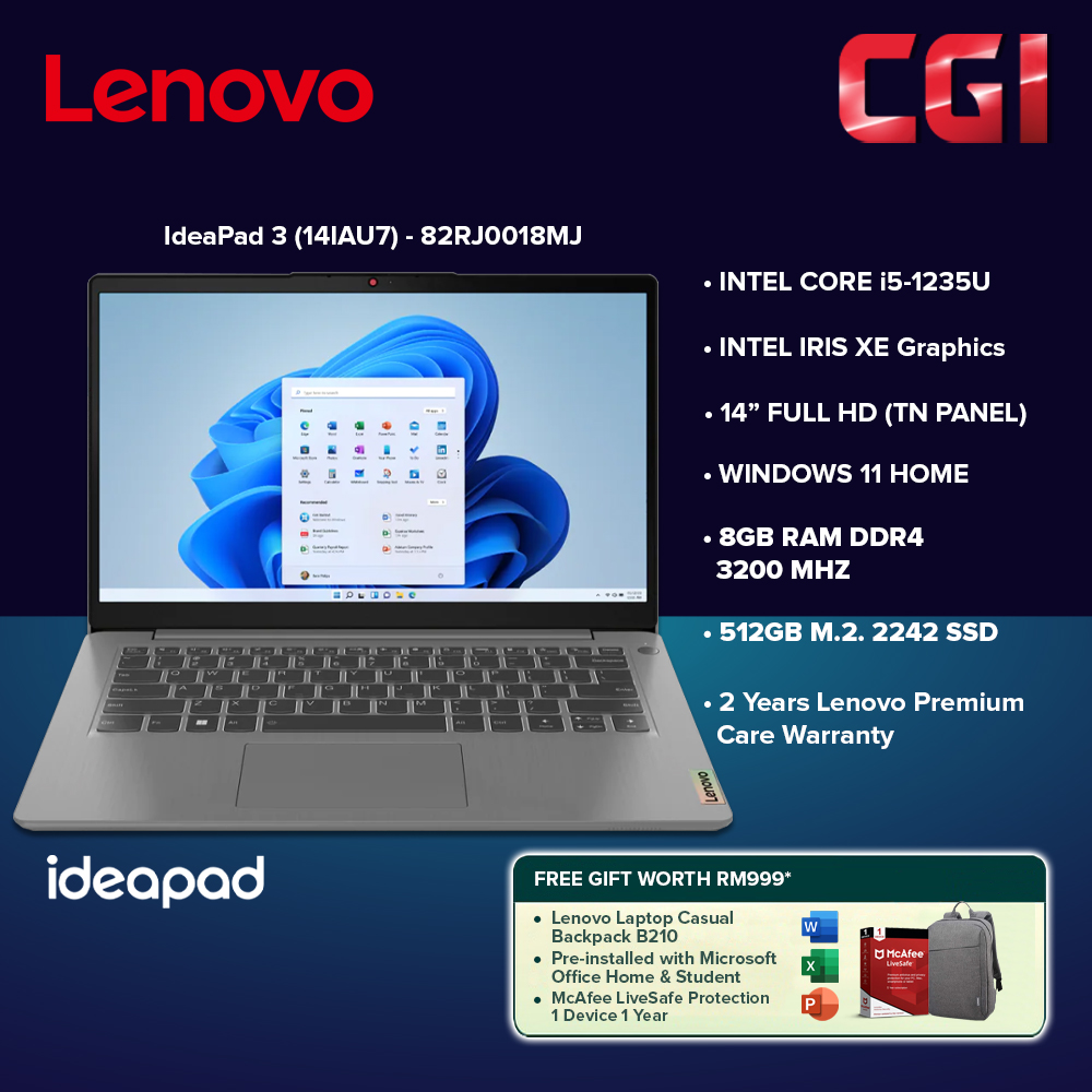 Lenovo 14&quot; Ideapad 3 i5-1235U W11H 8GB RAM 512GB SSD MOHS 82RJ0018MJ
