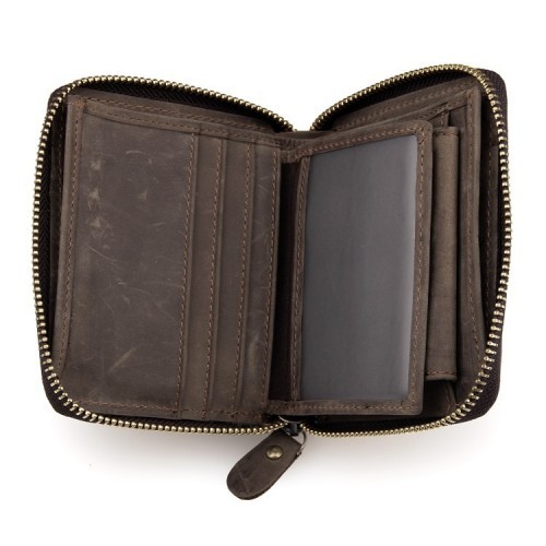 Men Crazy Horse Leather Zipper Short Wallet Purse
