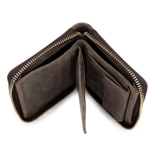 Men Crazy Horse Leather Zipper Short Wallet Purse
