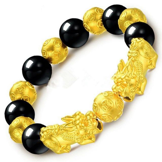 Men Gold Plated Luck Pixiu Obsidian Beads Bracelet