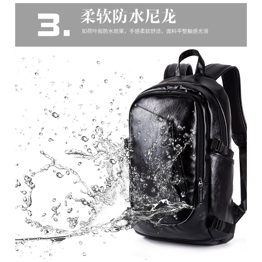 Men Leather Backpack Laptop Bag Smooth Waterproof Casual Travel Black Beg