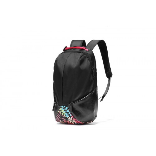 Men Leather Canvas Travel Backpack Laptop Bag Casual Floral Design Black Beg 3