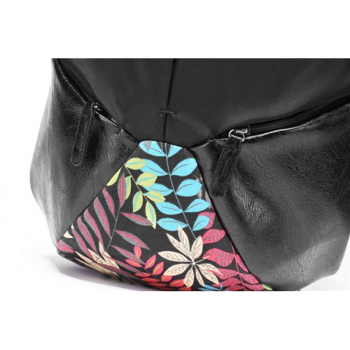 Men Leather Canvas Travel Backpack Laptop Bag Casual Floral Design Black Beg 3