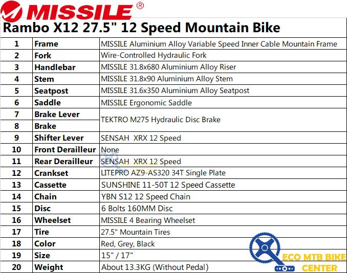 MISSILE Bike Rambo X12 27.5&quot; x 17&quot; 12 Speed MTB